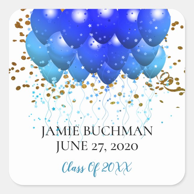 Graduation Party Blue Balloons Square Sticker (Front)