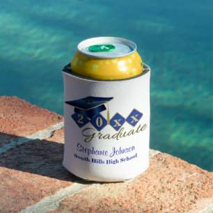 Graduation Party Blue Gold Confetti Personalized Can Cooler