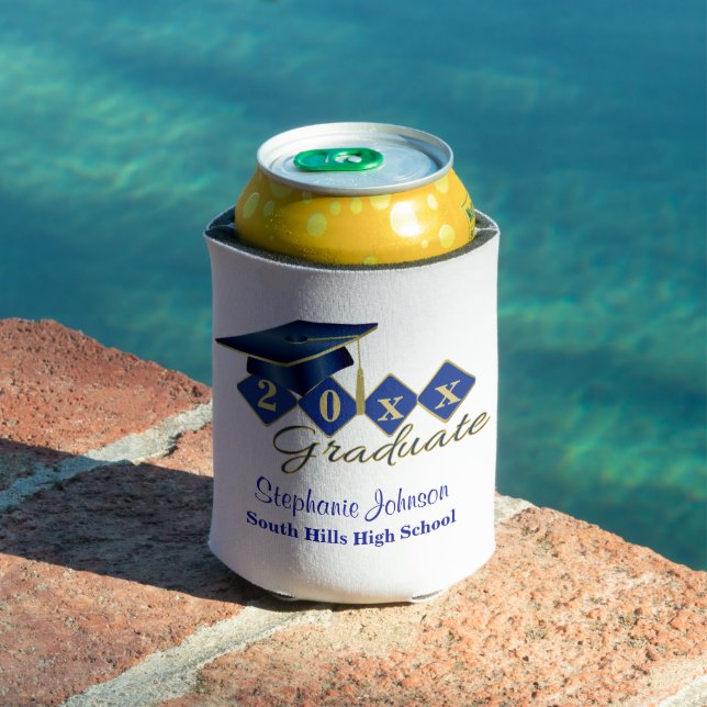 Graduation Party Blue Gold Confetti Personalized Can Cooler (In Situ Pool)