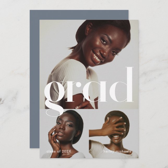 Graduation Party Blue Grey Three Photo Collage  Invitation (Front/Back)