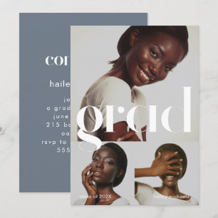 Graduation Party Blue Grey Three Photo Collage  Invitation