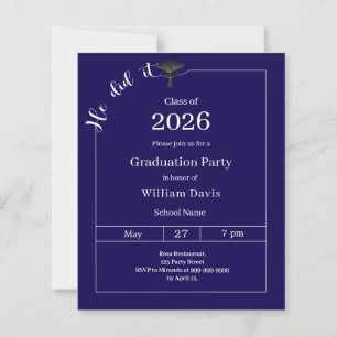 Graduation party blue white He did it invitation