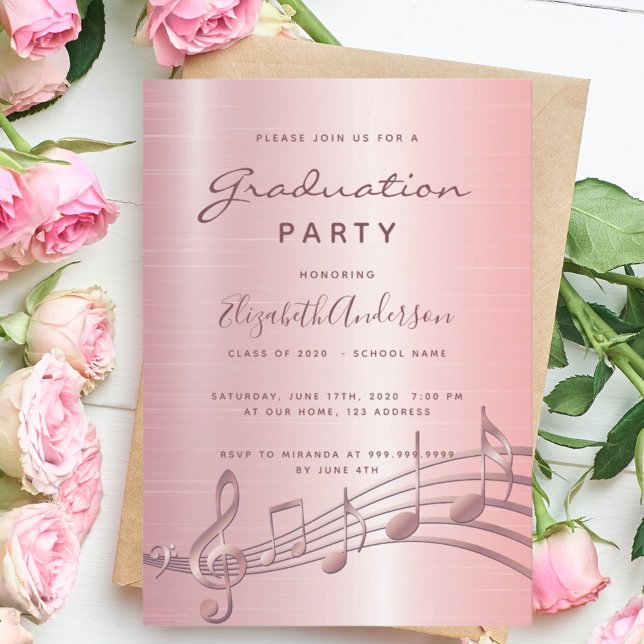 Graduation party blush pink music notes invitation (Creator Uploaded)