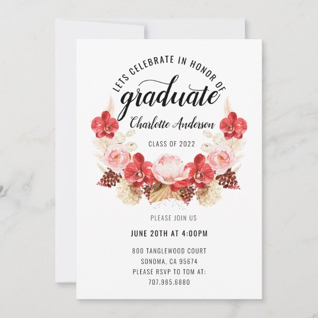 Graduation Party Blush Pink Red Watercolor Floral  Invitation (Front)