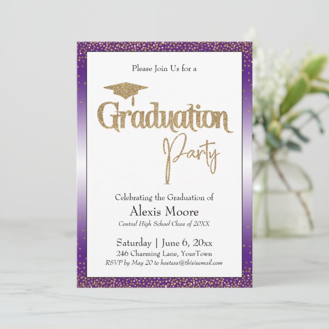 Graduation Party Bright Purple Ombre Gold Confetti Invitation (Standing Front)