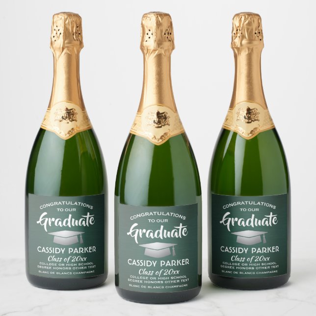 Graduation Party Brushed Dark Green White & Silver Sparkling Wine Label (Bottles)