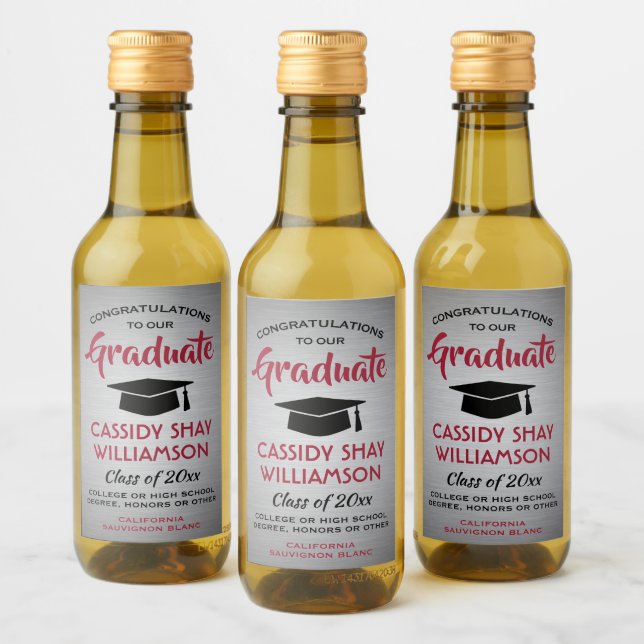 Graduation Party Brushed Grey Red and Black Mini Wine Label (Bottles)