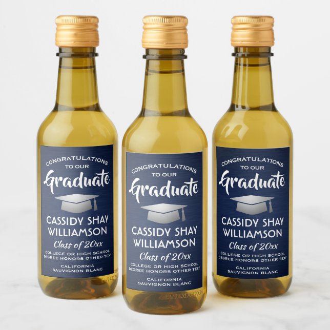Graduation Party Brushed Navy Blue and White Mini Wine Label (Bottles)