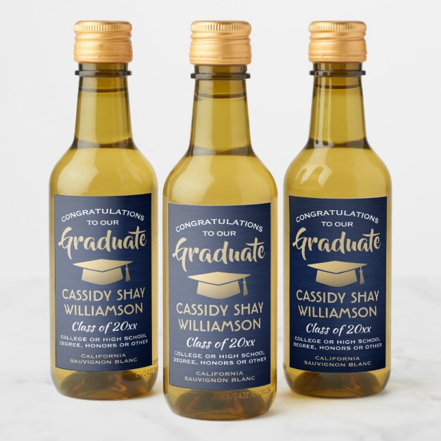 Graduation Party Brushed Navy Blue Gold White Mini Wine Label (Bottles)
