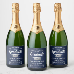 Graduation Party Brushed Navy Blue White & Silver Sparkling Wine Label