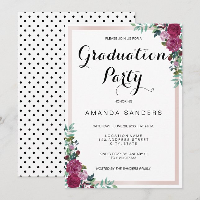 Graduation Party burgundy floral invitation card (Front/Back)