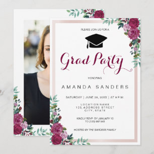 Graduation Party burgundy floral photo card