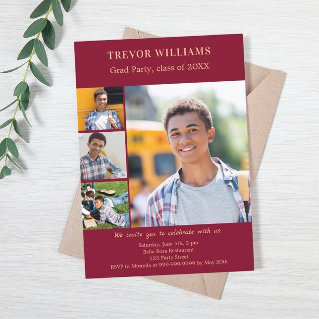 Graduation party burgundy photo collage invitation (Creator Uploaded)