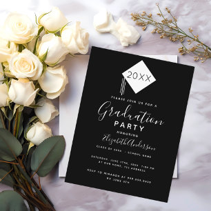 Graduation party cap black white invitation postcard