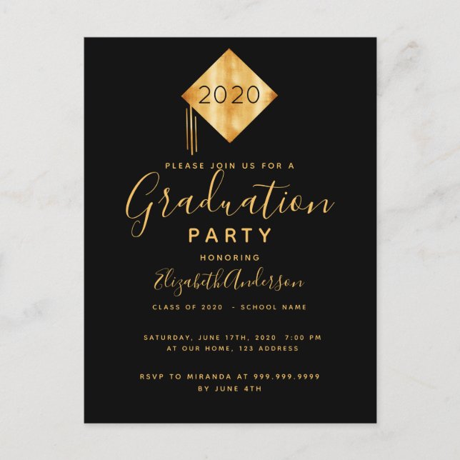 Graduation party casquette noir or 2025 invitation (Devant)