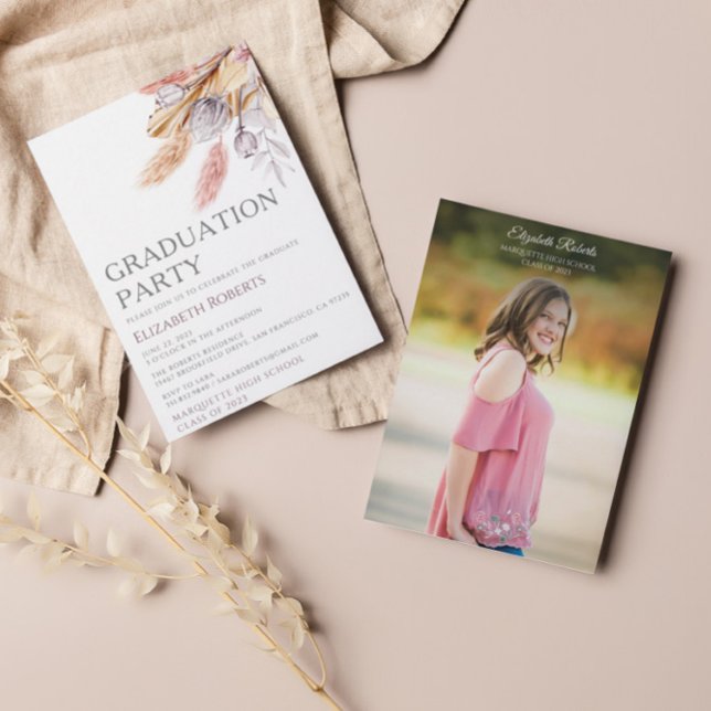 Graduation Party Chic Boho Floral Pampas Grass  Invitation (Creator Uploaded)