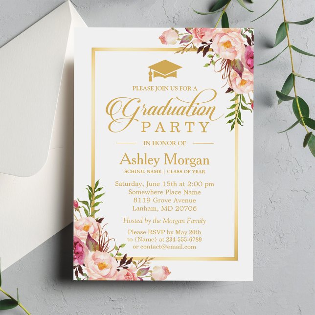 Graduation Party Chic Floral Golden Frame Invitation (Creator Uploaded)
