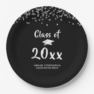 Graduation Party Class of Black Silver Confetti Paper Plate