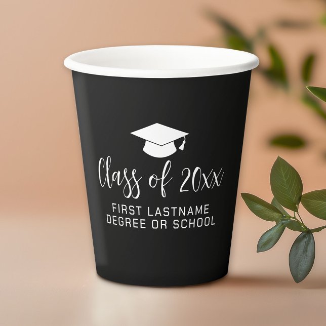 Graduation Party Class of Grad Cap Name Black Paper Cups (Personalized Paper Cups)