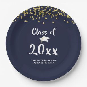 Graduation Party CLASS OF Navy Gold Glitter Paper Plate