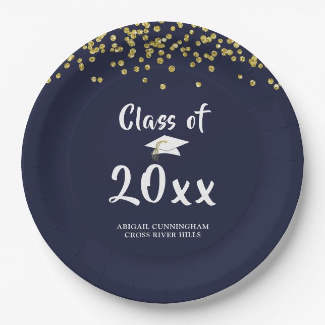 Graduation Party CLASS OF Navy Gold Glitter Paper Plate (Front)