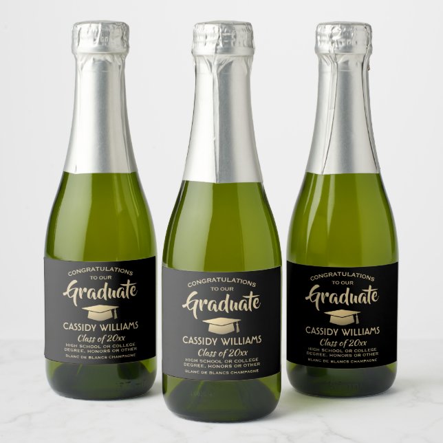 Graduation Party Congrats Black & Gold Mini Split Sparkling Wine Label (Bottles)
