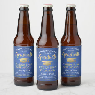 Graduation Party Congrats Brushed Blue Gold White Beer Bottle Label
