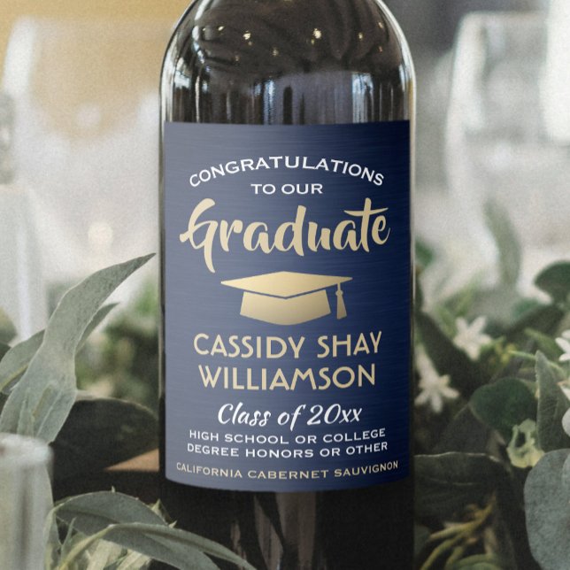 Graduation Party Congrats Brushed Navy Gold White Wine Label (Creator Uploaded)