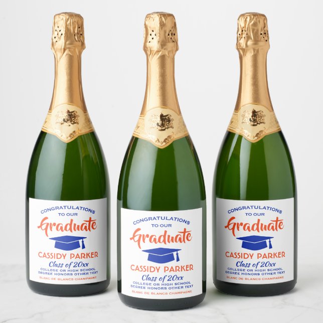 Graduation Party Congrats Elegant Orange and Blue Sparkling Wine Label (Bottles)