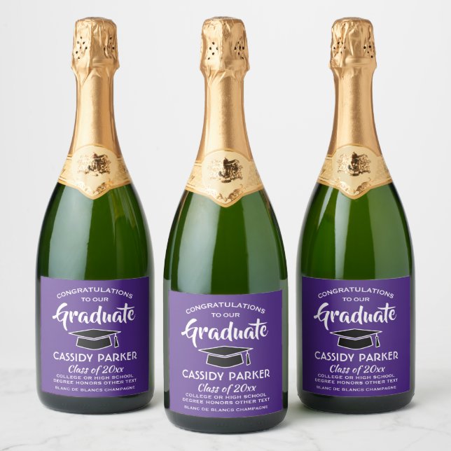 Graduation Party Congrats Elegant Purple and White Sparkling Wine Label (Bottles)