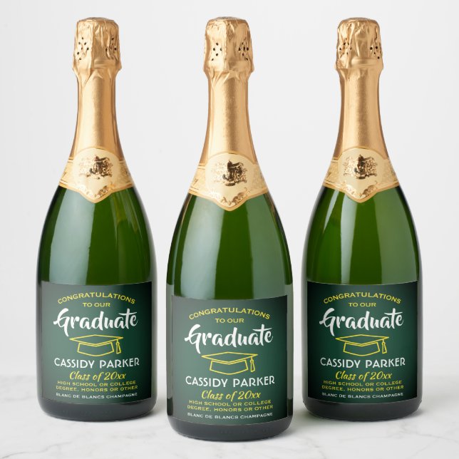 Graduation Party Congrats Green Gold Yellow Sparkling Wine Label (Bottles)