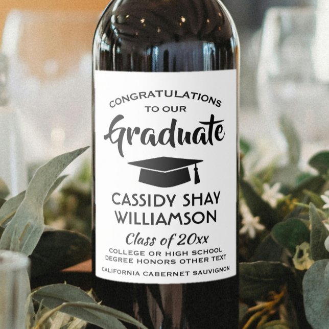 Graduation Party Congrats Modern Black and White Wine Label (Creator Uploaded)