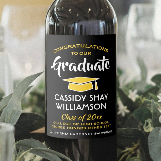 Graduation Party Congrats Modern Black Gold Yellow Wine Label (Creator Uploaded)