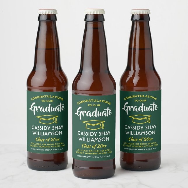 Graduation Party Congrats Modern Green Gold Yellow Beer Bottle Label (Bottles)