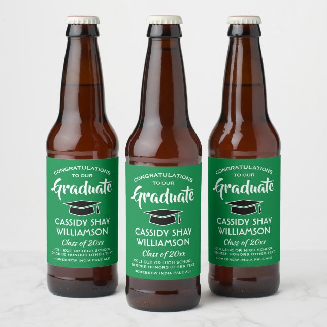 Graduation Party Congrats Modern Green White Black Beer Bottle Label (Bottles)