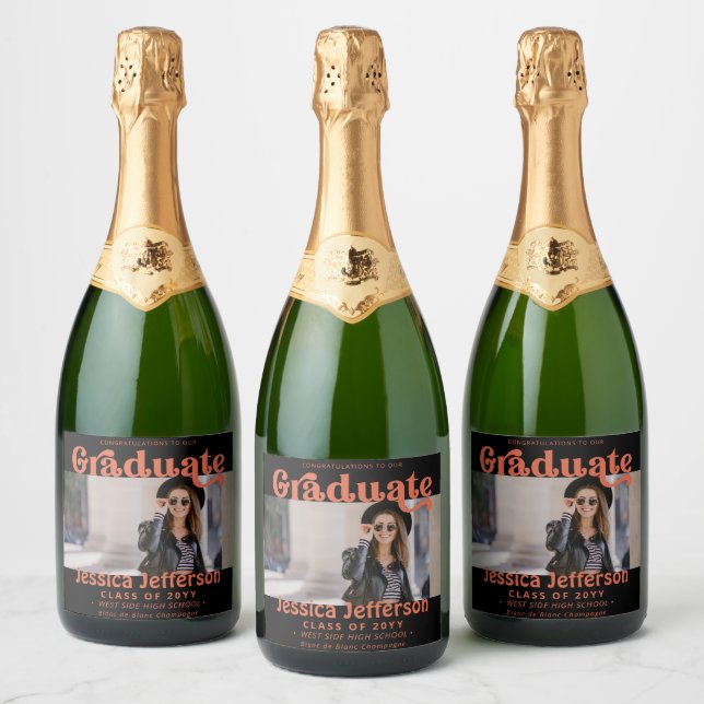 Graduation Party Congrats photo Orange  Sparkling Wine Label (Bottles)