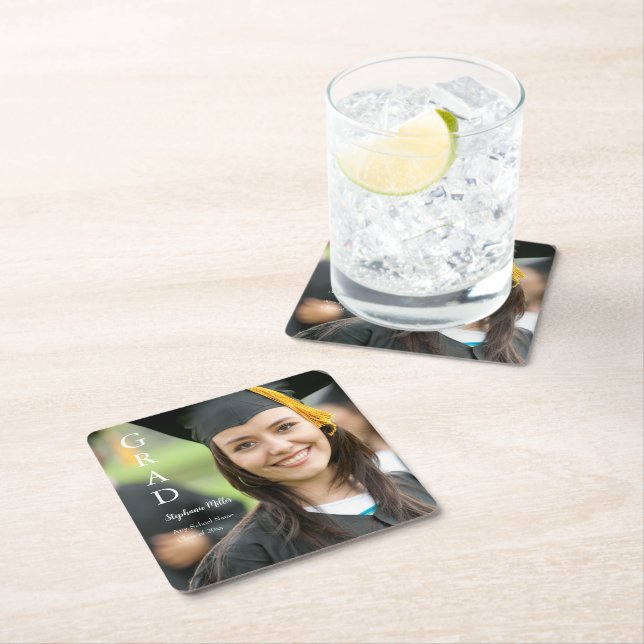 Graduation Party Customizable Name School Year Square Paper Coaster (Insitu)