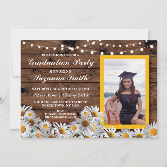 Graduation Party Daisy Wood Photo Invite Grad (Front)