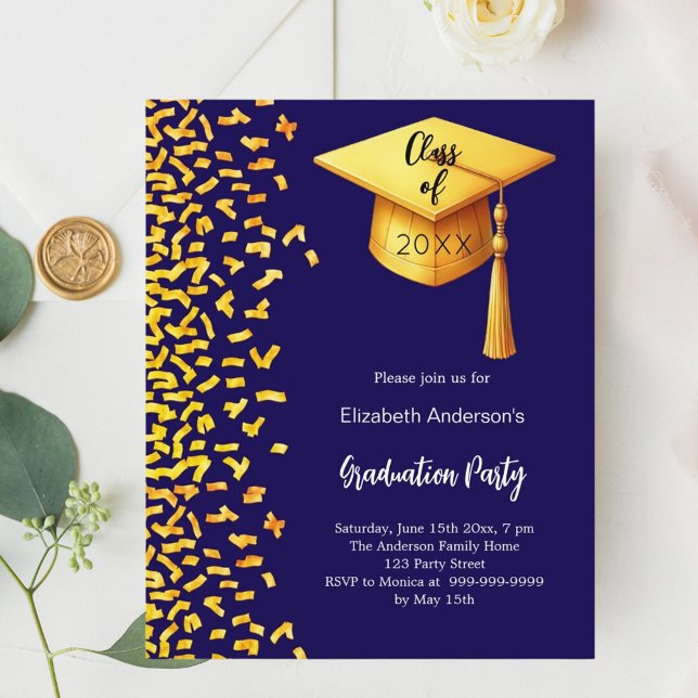 Graduation party dark blue gold invitation (Creator Uploaded)