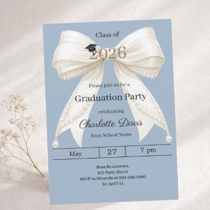 Graduation party dusty steel blue ivory bow 2026 invitation