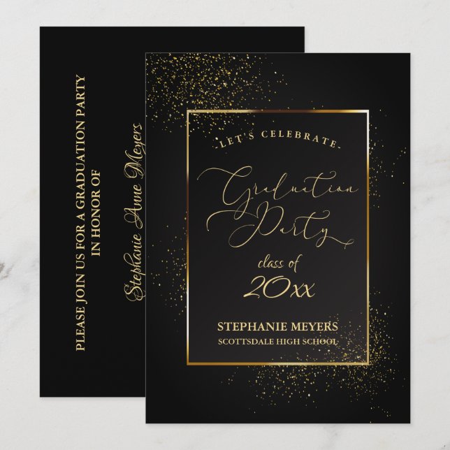Graduation Party Elegant Black and Gold Glitter Invitation (Front/Back)