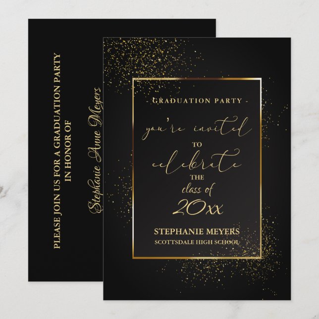 Graduation Party Elegant Black and Gold Glitter Invitation (Front/Back)