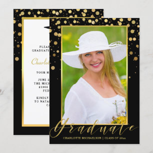Graduation Party Elegant Black Photo Gold Confetti Invitation