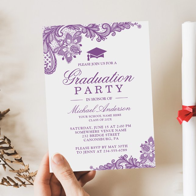 Graduation Party Elegant Lace Lavender Purple Invitation (Creator Uploaded)