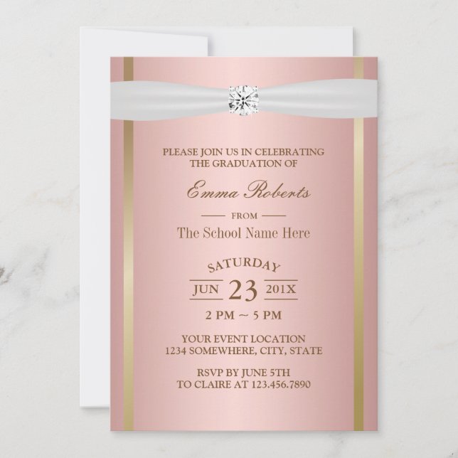 Graduation Party Elegant Rose Gold Ivory Ribbon Invitation (Front)