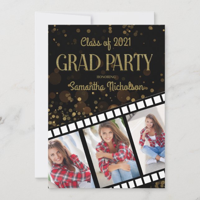 Graduation Party Filmstrip Black Gold 3 Photos Invitation (Front)