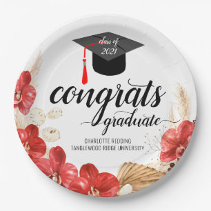 Graduation Party Floral Blush Pink Red Paper Plate