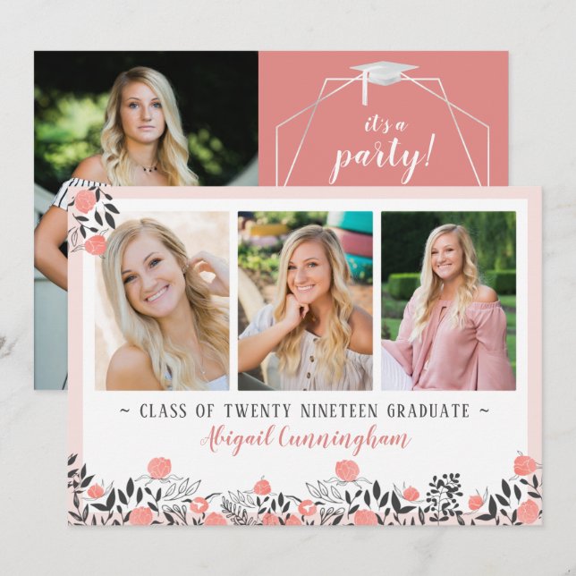 Graduation Party Floral Geometric Rose Gold Blush Invitation (Front/Back)