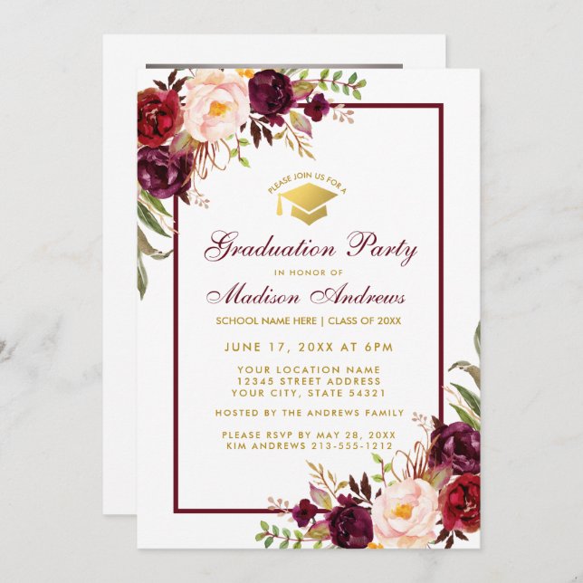 Graduation Party Floral Invite - Photo Back (Front/Back)