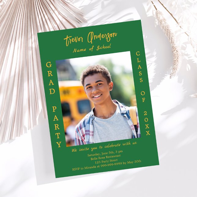 Graduation party forest green gold photo invitation (Creator Uploaded)